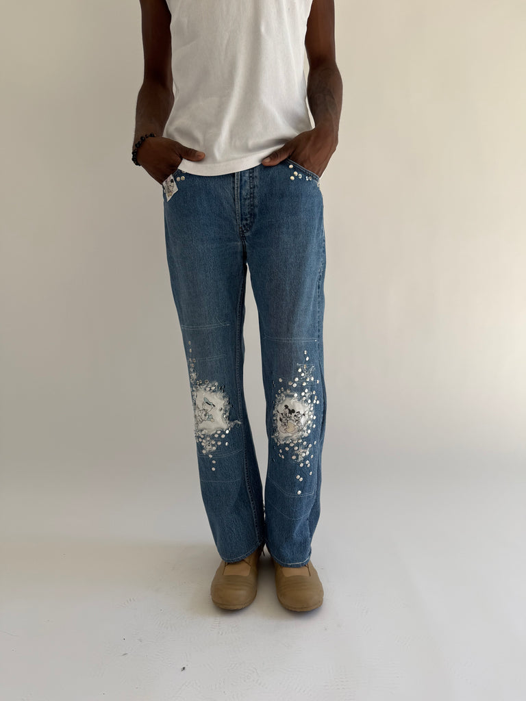 Cartoon print studded jeans