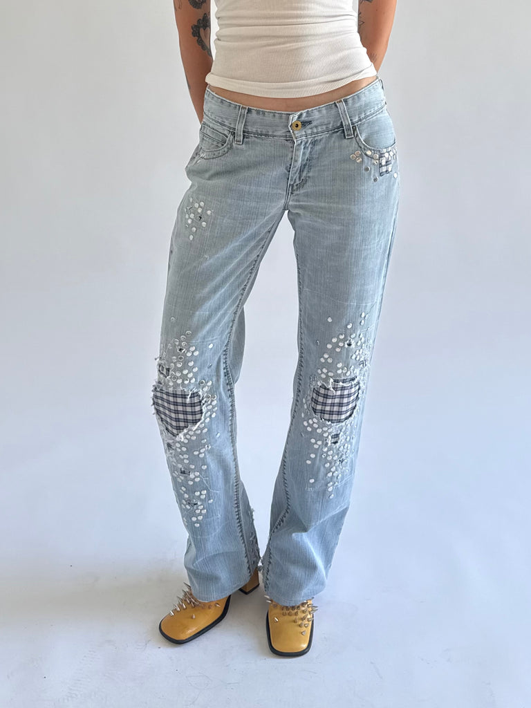 Light blue print studded jeans