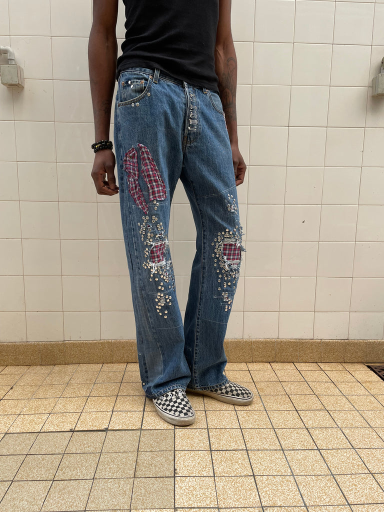 Red check studded jeans