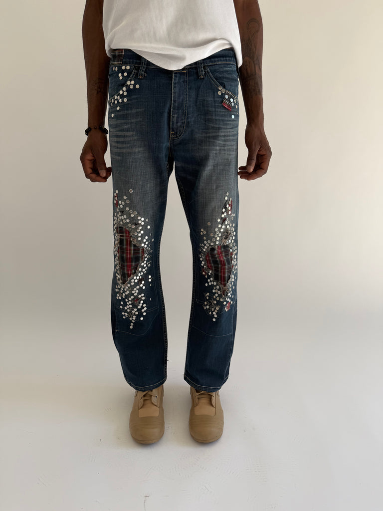Red plaid studded jeans
