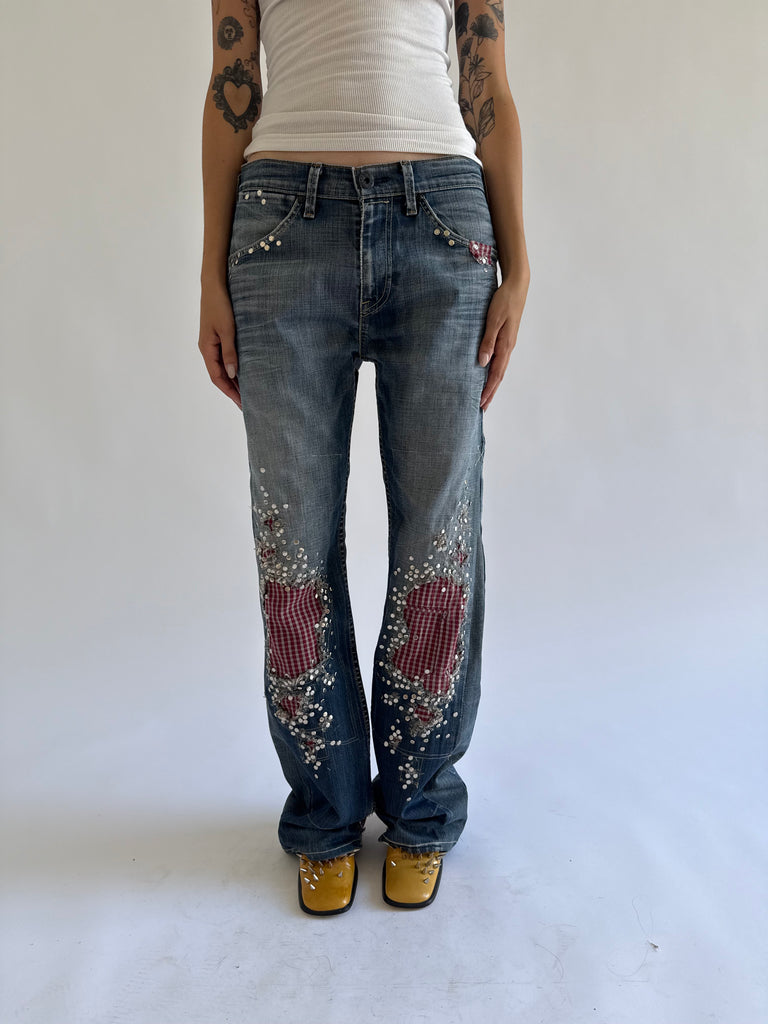 red plaid mini stud denim