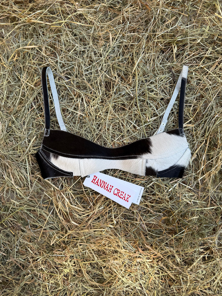 Black and white cow print fur bra