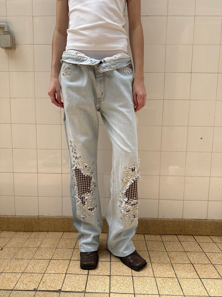 Red Plaid Studded jeans M