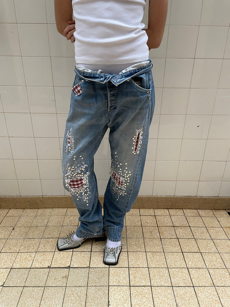 Studded plaid jeans