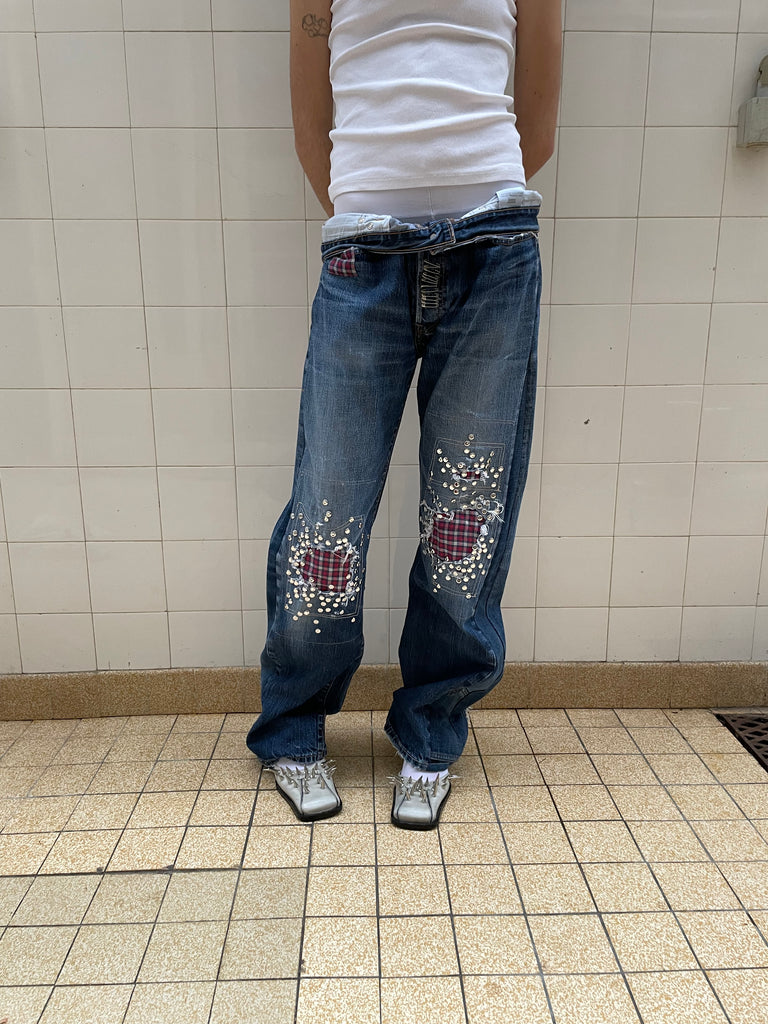 Studded plaid jeans